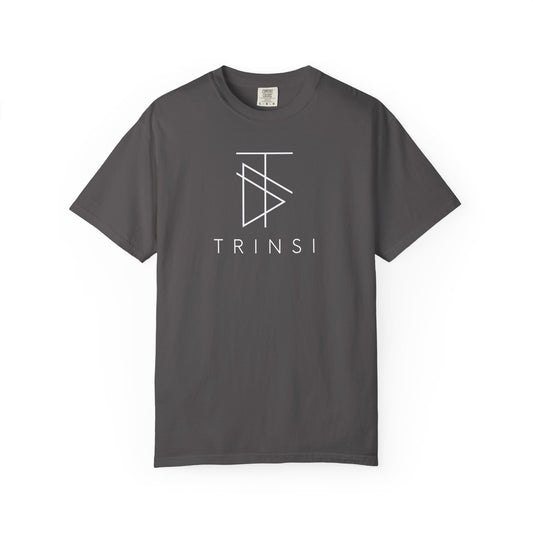 Minimalist T-shirt by Trinsi in white on Graphite. Soft, garment-dyed cotton