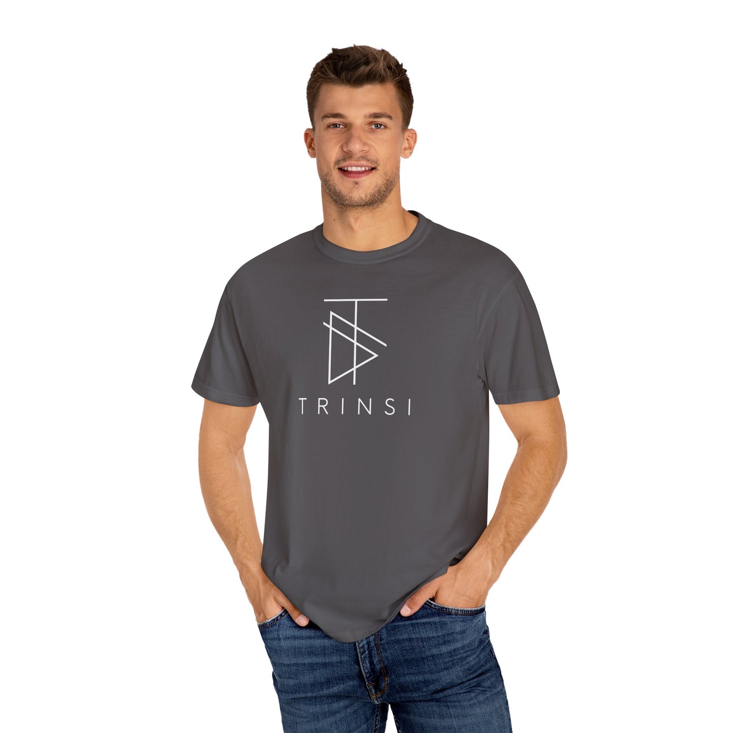 Minimalist T-shirt by Trinsi in white on Graphite. Soft, garment-dyed cotton
