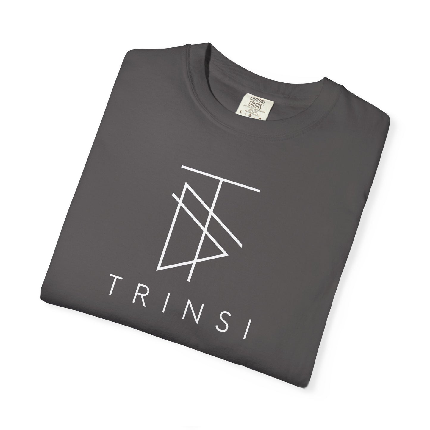 Minimalist T-shirt by Trinsi in white on Graphite. Soft, garment-dyed cotton