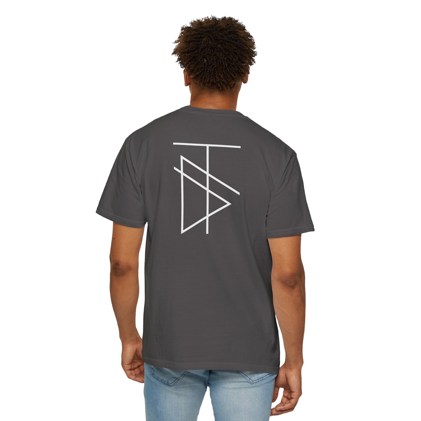 Minimalist T-shirt by Trinsi in white on Graphite. Soft, garment-dyed cotton