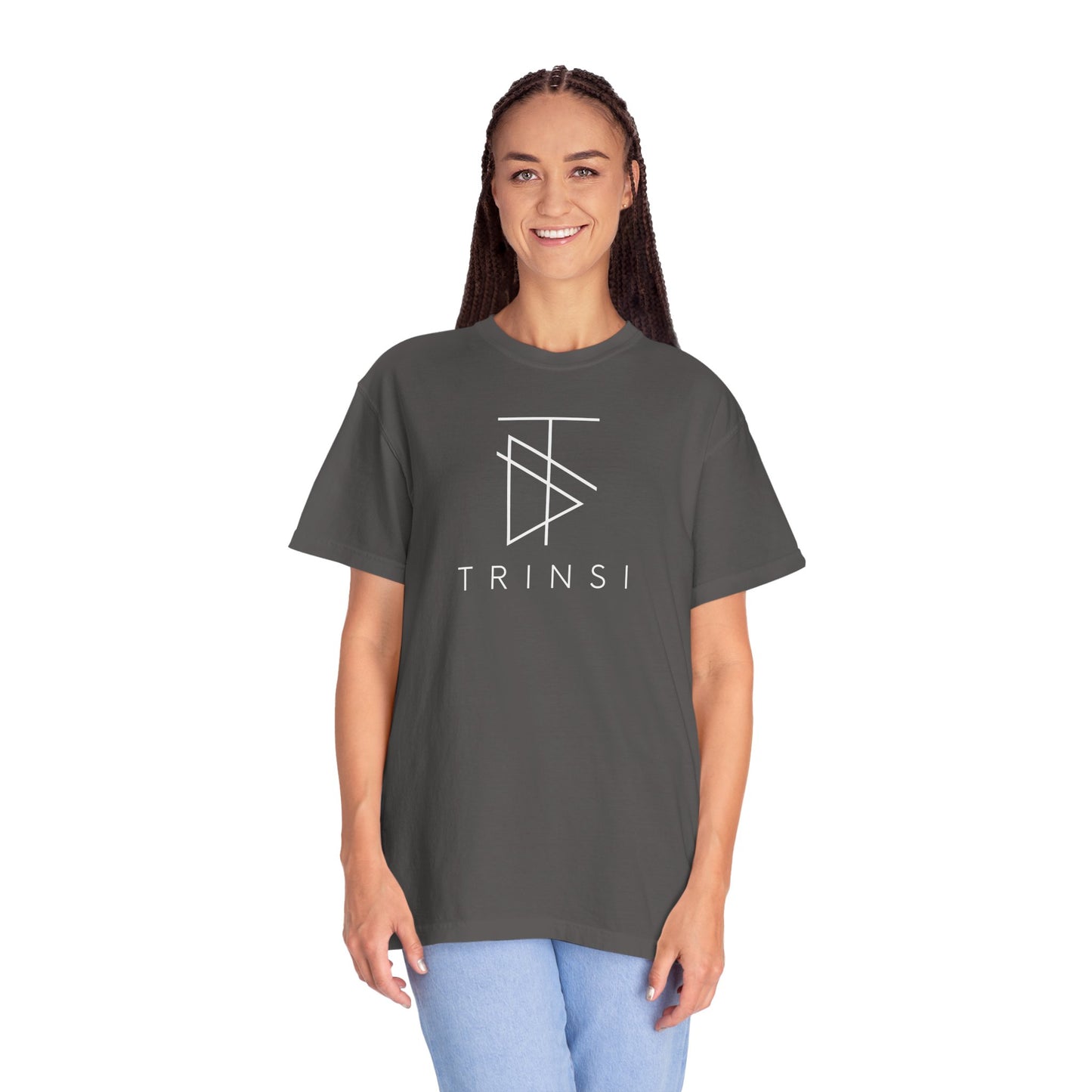 Minimalist T-shirt by Trinsi in white on Graphite. Soft, garment-dyed cotton